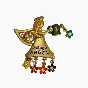 Vintage KC AB Rhinestones Brooch Garden Angel Pin Dangle Flowers Gold Tone
